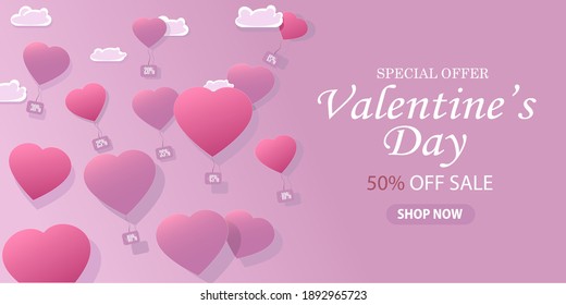 Valentine's Day sale background with paper hearts of different colors that lie in a heap on top of each other on a pink background. Vector illustration. Wallpaper. Flyers, invitations, posters, 