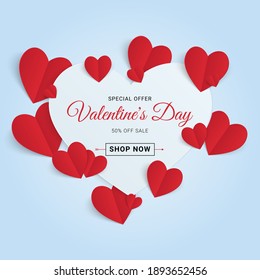 Valentines day sale background with paper Heart. Cute sale banner or greeting card. Vector illustration.