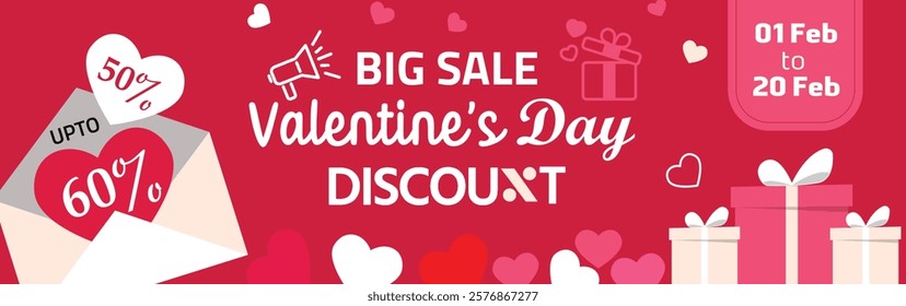 Valentine's Day sale background with paper hearts of different colors that hang from the clothesline above the clouds. Vector illustration. Wallpaper. Flyers, invitations, posters, brochures, banners.