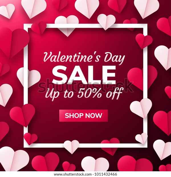 Valentines day sale background with paper\
origami hearts divided into half. Vector illustration. Ideal for\
flyer, invitations, banners, greeting\
cards.