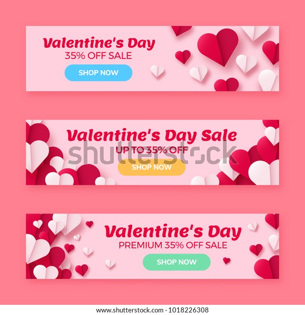 Valentines day sale background with paper\
origami hearts divided into half. Vector illustration. Ideal for\
flyer, invitations, banners, greeting\
cards.