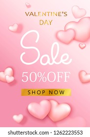 Valentine's day sale background with  pink hearts. Romantic design for flyer, card, invitation, poster, banner. Discount, shop promotion template.