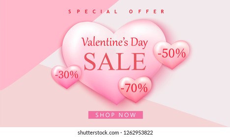 Valentine's day sale background with pink hearts. Romantic design for flyer, card, invitation, poster, banner. Discount, shop promotion template.