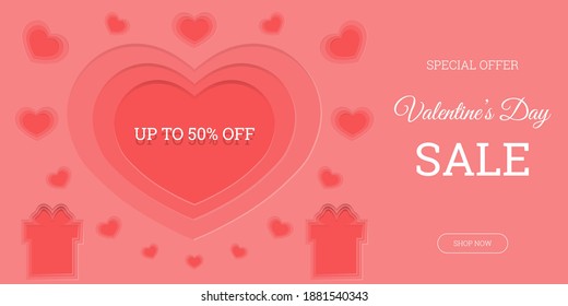 Valentine's Day sale background with presents and hearts. Illustration in modern paper cut style. Pink background. Great for website, flyers, posters, brochure,  banners. Vector illustration. 