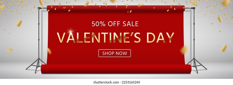 Valentine's Day sale background. Promotion horizontal banner. 14 February vector illustration for posters, ads, 
 coupons, promotional material. Website header. St. Valentines Day promo flyer.