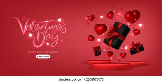 valentine's day sale background. Realistic 3d heart design, flying red heart, gift box and confetti. Vector illustration
