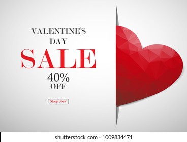 Valentine's day sale background with red low poly heart, vector illustration template, banners, Wallpaper, invitation, posters, brochure, voucher discount