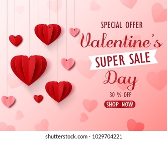 Valentines day sale background with red folded paper heart shape balloon on pink backdrop