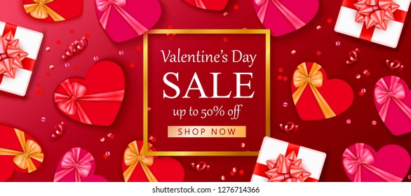 Valentine's day sale background with red hearts, gift box, golden frame. Romantic design for flyer, card, invitation, poster, banner. Discount, shop promotion template.