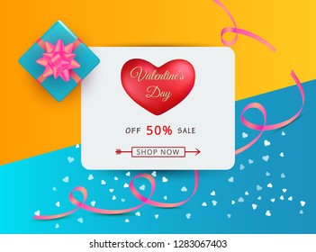 Valentines day sale background with red love heart, gift box and typography text. Romantic template of discount banner or greeting card with pink ribbon. Illustration for posters, invitation, flyers