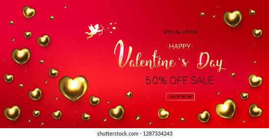 Valentine's Day sale background. Romantic composition with hearts . Vector illustration for website , posters,ads, coupons, promotional