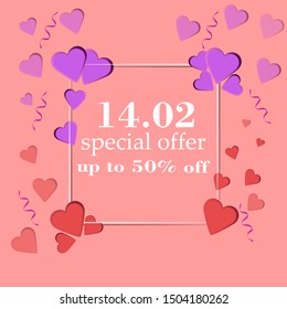 Valentine's day sale background. Romantic composition. Vector illustration for website, posters, promotional material. Vector EPS10.