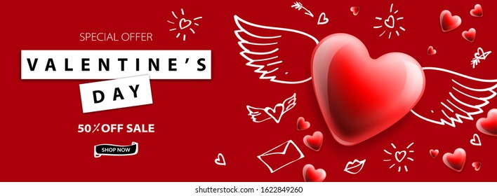 Valentine's Day sale background. Romantic composition with hearts. Vector illustration for website , posters, ads, coupons, promotional material