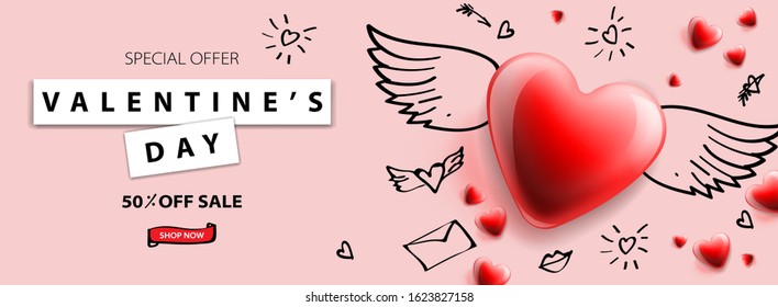 Valentine's Day sale background. Romantic composition with hearts. Vector illustration for website , posters, ads, coupons, promotional material