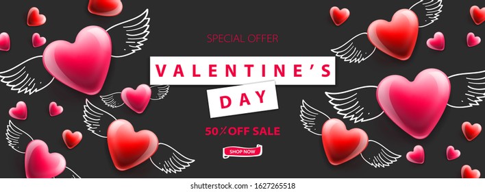 Valentine's Day sale background. Romantic composition with winged hearts. Vector illustration for website , posters, ads, coupons, promotional material