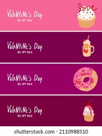 Valentine's Day sale background. Romantic composition with hearts, desserts. Vector illustration for website, posters, ads, coupons, promotional material. Banner design for confectionery shop, cafe.