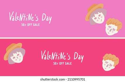 Valentine's Day sale background. Romantic composition. Couple in love. Vector illustration for website, posters, ads, coupons, promotional material. Funny, cute characters.