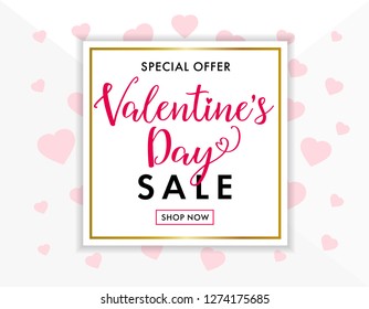 Valentines day sale background with rose color hearts. Special offer for valentine`s day banner, wallpaper, flyers, invitation, posters, brochures. Vector illustration 