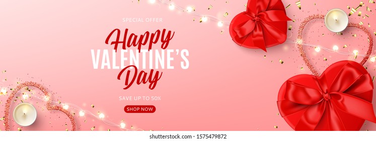 Valentine's Day sale background template. Vector illustration with realistic red gift boxes, sparkling light garland, candles and confetti on pink background. Promo discount banner.