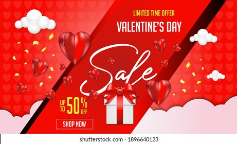 Valentines Day Sale Background Template with Hearts , Gift Box and Clouds