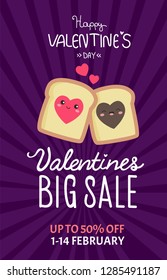Valentines day sale background with toast and heart. Vector illustration. Wallpaper, flyers, invitation, posters, brochure, banners.