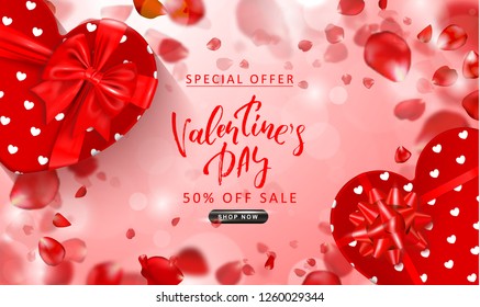 Valentine's Day sale background. Top view on composition with gift boxes and flying rose petals. Vector illustration for website , posters, ads, coupons, promotional material.