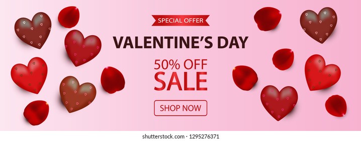 Valentine's Day Sale Background. Top view vector illustration with dark red brown chocolate hearts, rose petals in pink background. For website, posters, newsletter, promotional, marketing, banners.