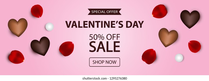 Valentine's Day Sale Background. Top view vector illustration with dark brown chocolate hearts, rose petals and pearl in pink back. For website, posters, newsletter, promotional, marketing, banners.