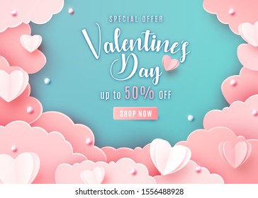 Valentines day sale background in trendy paper cut style. Paper clouds, hearts and realistic pearls border frame. Template sale banner, text offer 50 off.