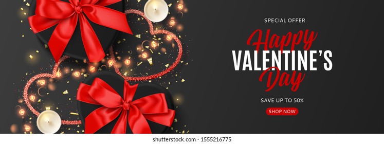 Valentine's Day sale background. Vector illustration with realistic black gift boxes, sparkling light garland, candles and confetti on black background. Promo discount banner.