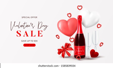 Valentine's Day sale background. Vector illustration with champagne bottle, glasses, gift box, ring box, candles, air balloons and red hearts on white background. Promo discount banner.