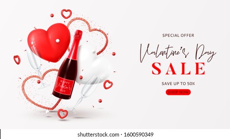 Antecedentes de la venta del Día de San Valentín. Ilustración vectorial con botella de champán, vasos, caja de regalo, globos de aire y corazones rojos sobre fondo blanco. Banner de descuento promocional.