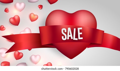 Valentine's day sale background. Vector promotion concept illustration. 3d ribbon white and red heart. Cute love sale banner, postcard, greeting card