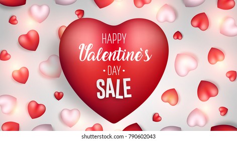 Valentine's day sale background. Vector promotion concept illustration. 3d white and red heart. Cute love sale banner, postcard, greeting card