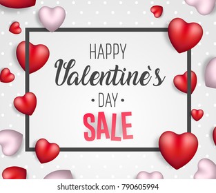 Valentine's day sale background. Vector promotion concept illustration. 3d white and red heart. Cute love sale banner, postcard, greeting card