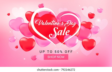 Valentine's Day Sale Background Vector illustration. Beautiful Heart Balloons on pink background.