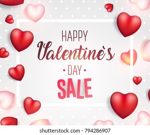 Valentine's day sale background. Vector promotion concept illustration. 3d white and red heart. Cute love sale banner, postcard, greeting card