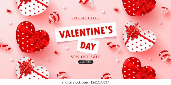 Valentine's Day sale background.Romantic composition with gift boxes, beads and serpentine. Vector illustration for website , posters,ads, coupons, promotional material.