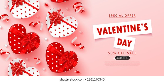 Valentine's Day sale background.Romantic composition with gift boxes, beads and serpentine. Vector illustration for website , posters,ads, coupons, promotional material.