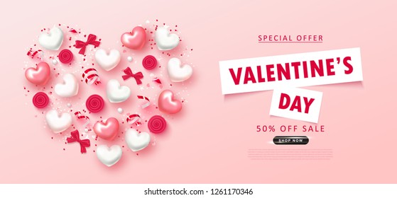 Antecedentes de la venta del Día de San Valentín. Composición romántica con corazones, arcos, rosas, abalorios y serpentina. Ilustración vectorial para sitio web , afiches, anuncios, cupones, material promocional.