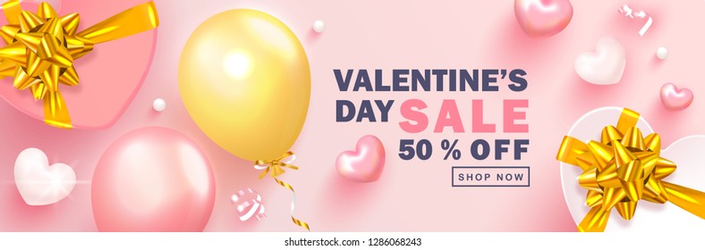 Valentine's Day sale background.Romantic composition with gift boxes,hearts, balloons, beads and serpentine. Vector illustration for website , posters,ads, coupons, promotional material.