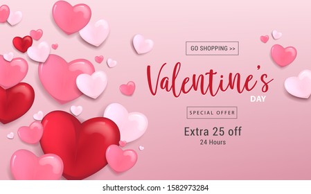 Valentine's Day sale background.Romantic composition with hearts . Vector illustration for website , posters,ads, coupons, promotional material.