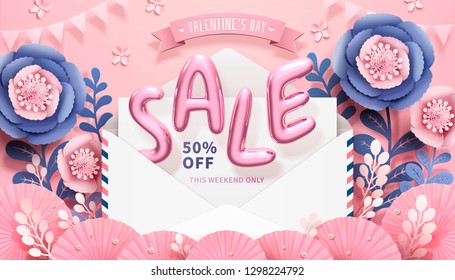 Valentine's Day with sale balloon words jumping out of envelope in 3d illustration, paper flower decorations Valentine's Day with sale balloon words jumping out of envelope in 3d illustration, paper flower decorations