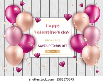 Valentines Day Sale Banner 14 February With Balloons On Wooden Background