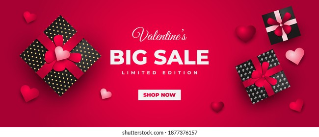 Valentine's day sale banner with 3d hearts and gift box on red background