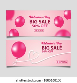 Valentines day sale banner with 3D balloon vector illustrations