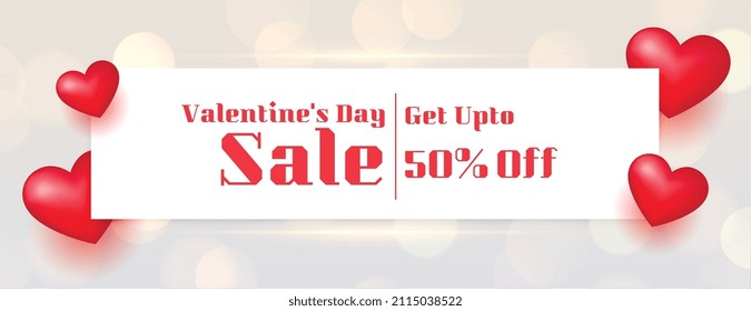 valentines day sale banner with 3d red hearts