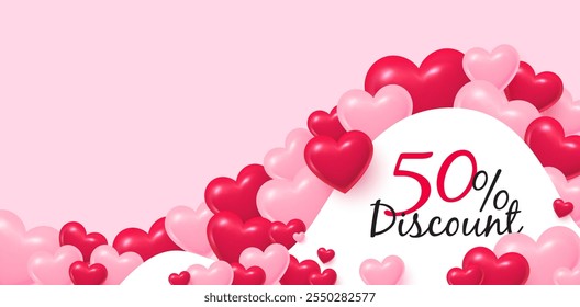 Valentines day sale banner with 3d hearts. 50 percent discount offer. Love special offer banner with many 3d hearts. Valentines day greeting card. Mountain or wave of hearts. Vector illustration.