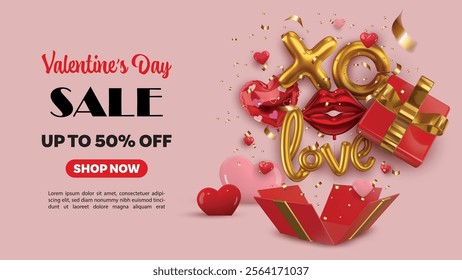 valentine's day sale banner with 3d gift box and heart shaped balloons. valentine bacjground with party balloons in a red gift box