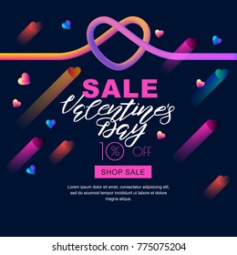 Valentines day sale banner. 3d colorful gradient liquid heart and lettering on black background. Glowing neon design for holiday flyer, poster, party invitation. Layout for discount shopping label.